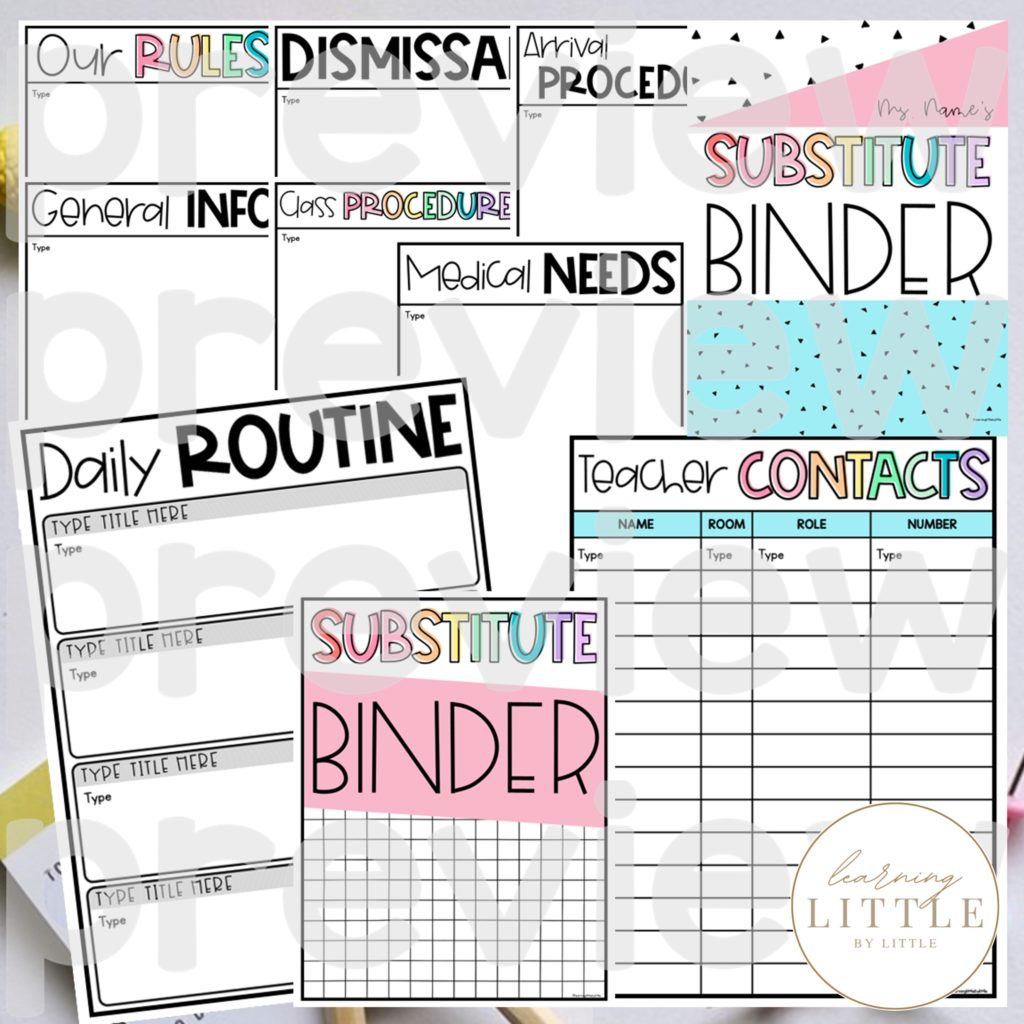 Substitute Binder and daily routine printables