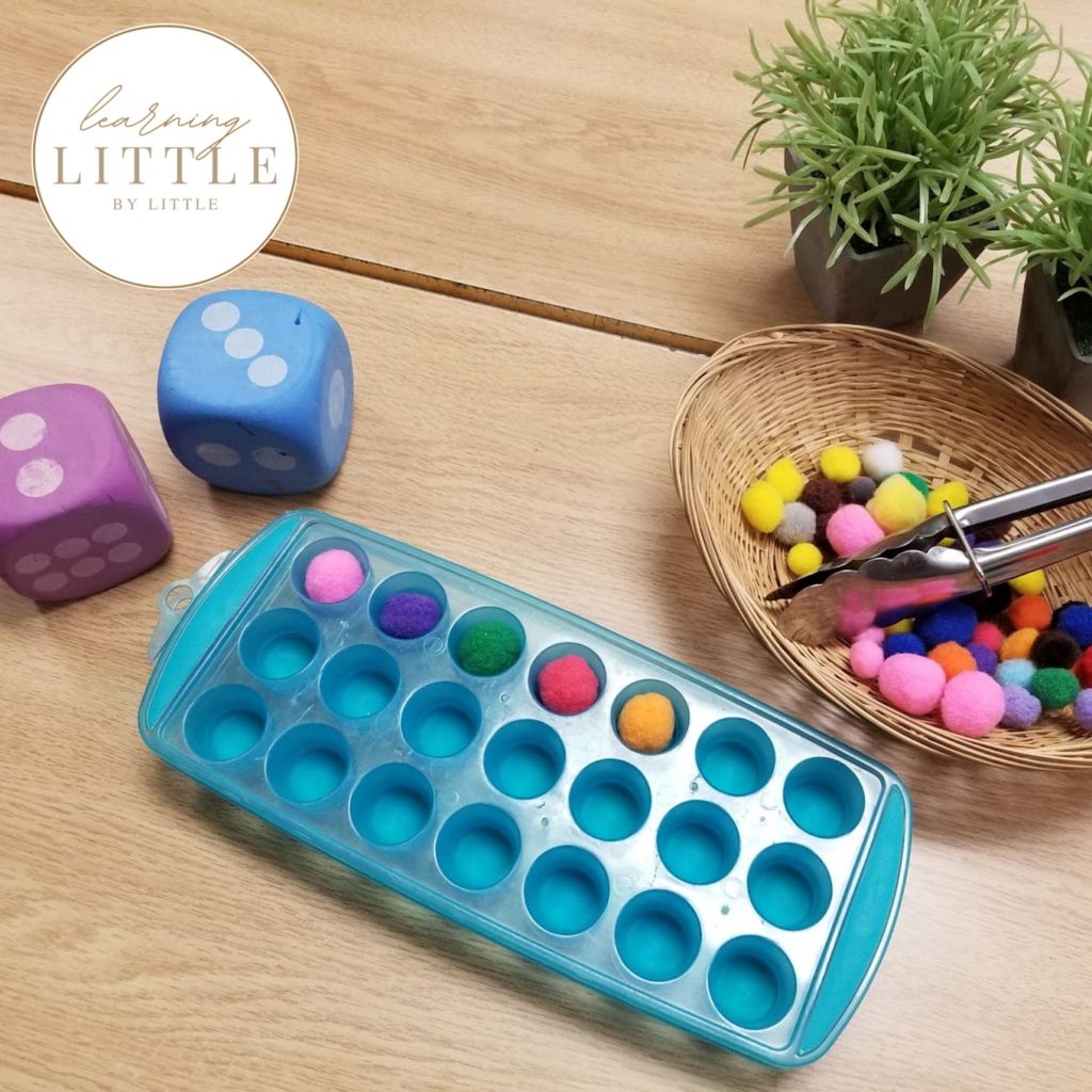 Number games and counting activities with dice and pom-poms