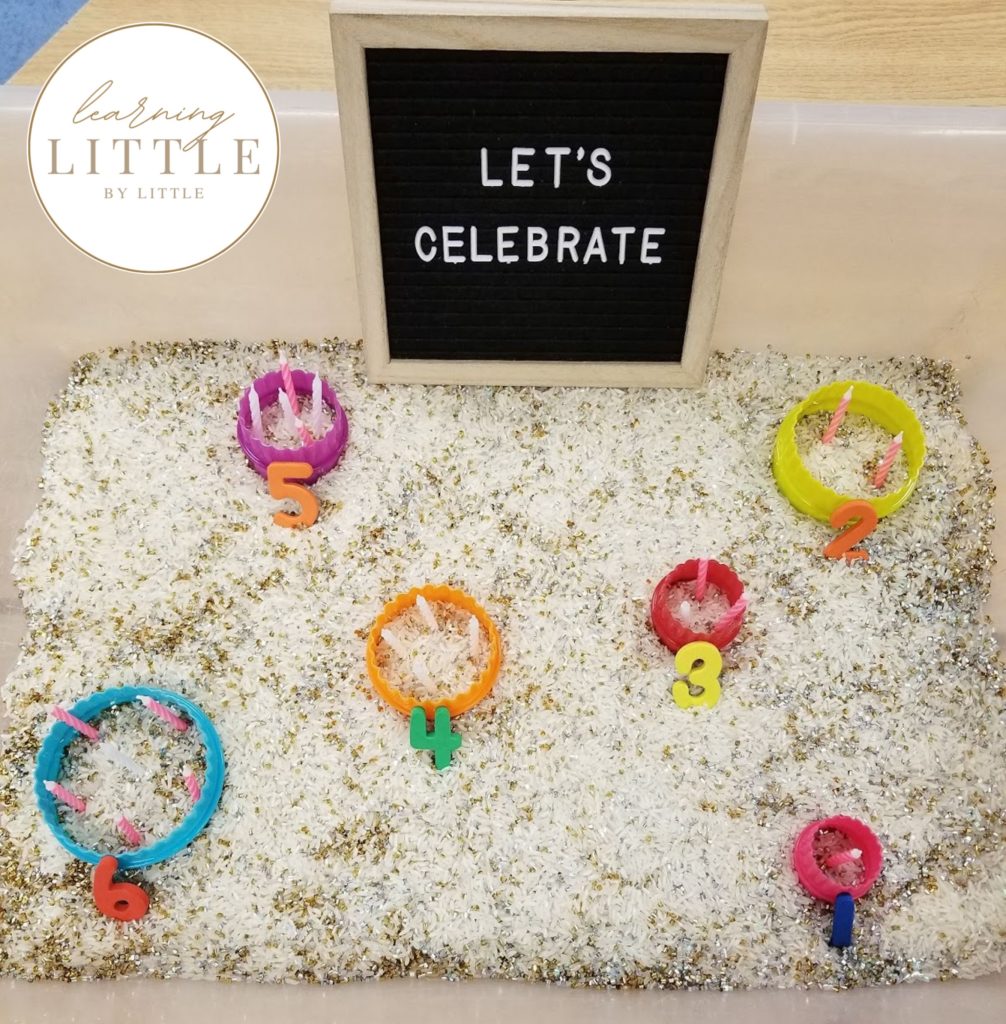 Birthday themed sensory bin- Numbers and Counting